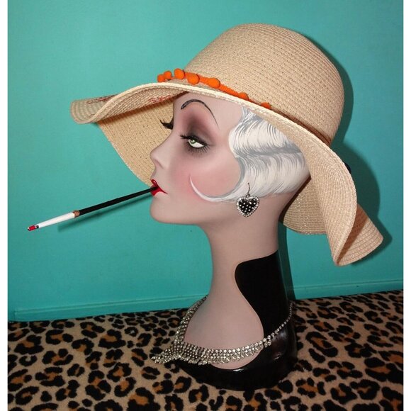 Vintage Feelin' Beachy Ivory Woven Sun Hat with orange pom pom fringe pinup - Picture 8 of 13